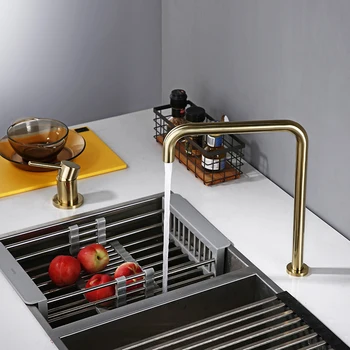 

Brush Gold Sdolid Brass Single Handle Kitchen Mixer Tap 360 Degree Swivel Spout Brushed Gold 2 hole Deck Mounted Sink Faucet