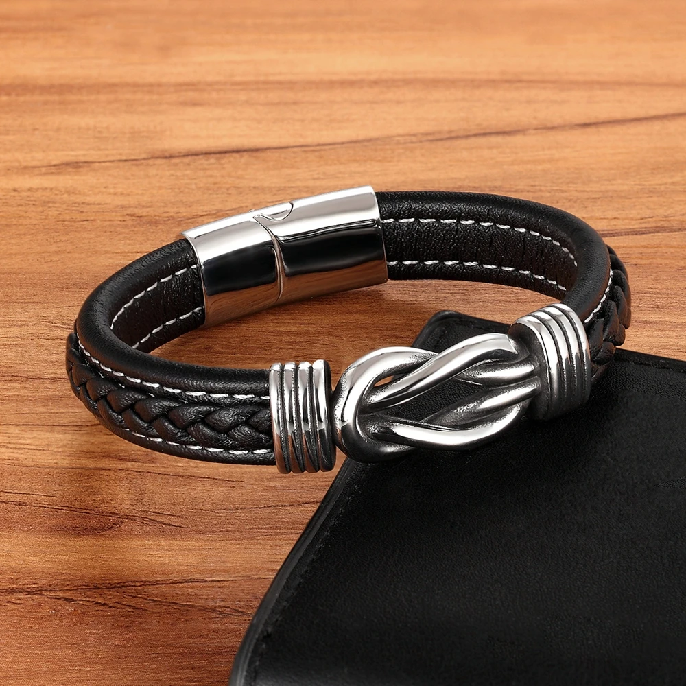 Bracelet Jewelry TYO Geometric Stainless Steel Men's Leather Bracelet Hand-woven Magnetic Clasp Black Blue Leather Bangle Christmas Jewelry Gift bracelet jewelry