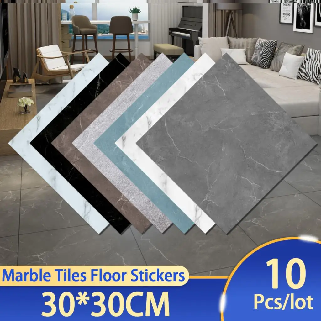 10pcs Wall Sticker Self Adhesive waterproof PVC Tiles Floor Stickers Marble Bathroom living room Bedroom Ground Thick Wallpapers | Дом и сад