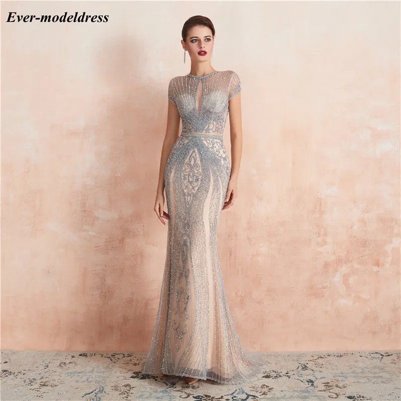 Luxury Mermaid Evening Dresses Major Beading Illusion Zipper Back Sweep Train Prom Occasion Gowns Vestido De Festa