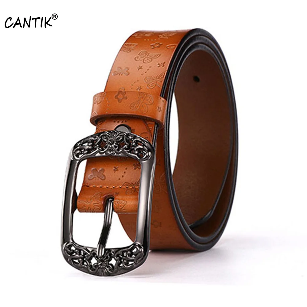 CANTIK Women Design Floral Pattern Cow Leather Belts Retro Alloy Pin Buckle Jeans Female&Male Accessories 3.3cm Width FCA112 cukup unisex leisure pin buckle metal belt male quality canvas belts striped pattern jeans accessories women for woman cbck105