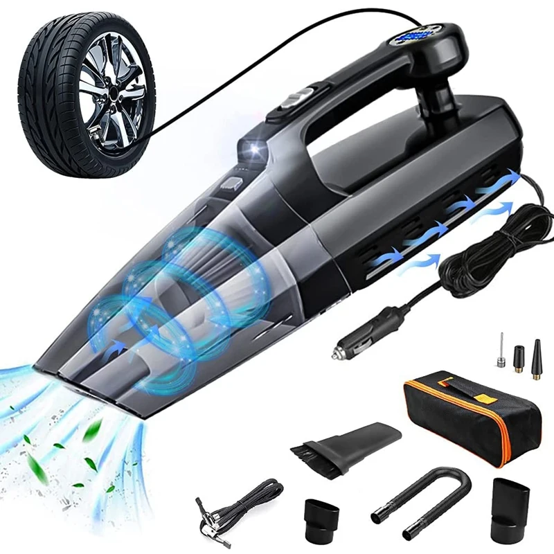 4 in 1 Car Vacuum Cleaner Tire Inflator 7000PA High Power Suction Wet
