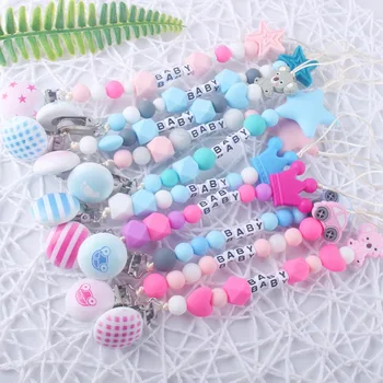 

Baby Pacifier Chain Silicone Beads Cartoon Five-pointed Star Car Charms Wooden Clips Toddler Baby Pacifier Clip Holder