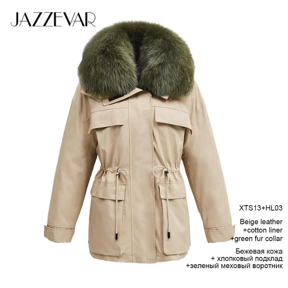 beige coat green fur JAZZEVAR Зимнее новое поступление зимнее женское пальто высокого качества с меховым воротником свободная верхняя одежда модная женская парка K9067 - Цвет: beige coat green fur