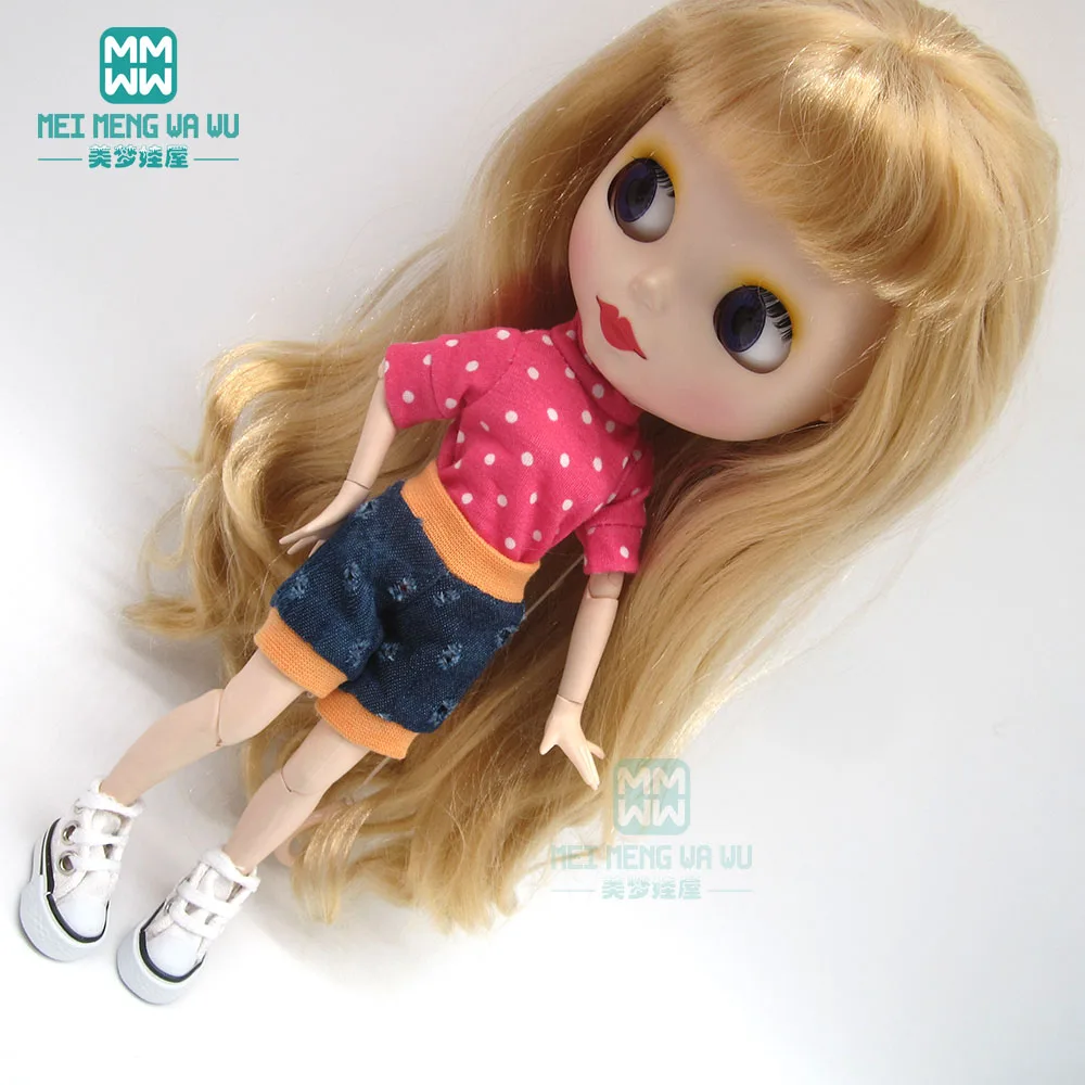 Одежда для куклы Blyth 1 шт. модная футболка в розово-красный горошек джинсовые