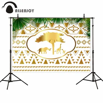 

Allenjoy Golden Pattern Backdrops Jungle Trees Leaves Giraffe Elephant Cartoon Animals Banners Child Birthday Party Wallpapers