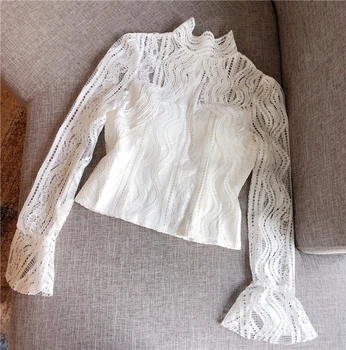 

2019 New Winter Temperament Lace Blouse Women Elegant Stand Collar Bell-Sleeve Solid Color Lace Shirt Black White Lace Blusas