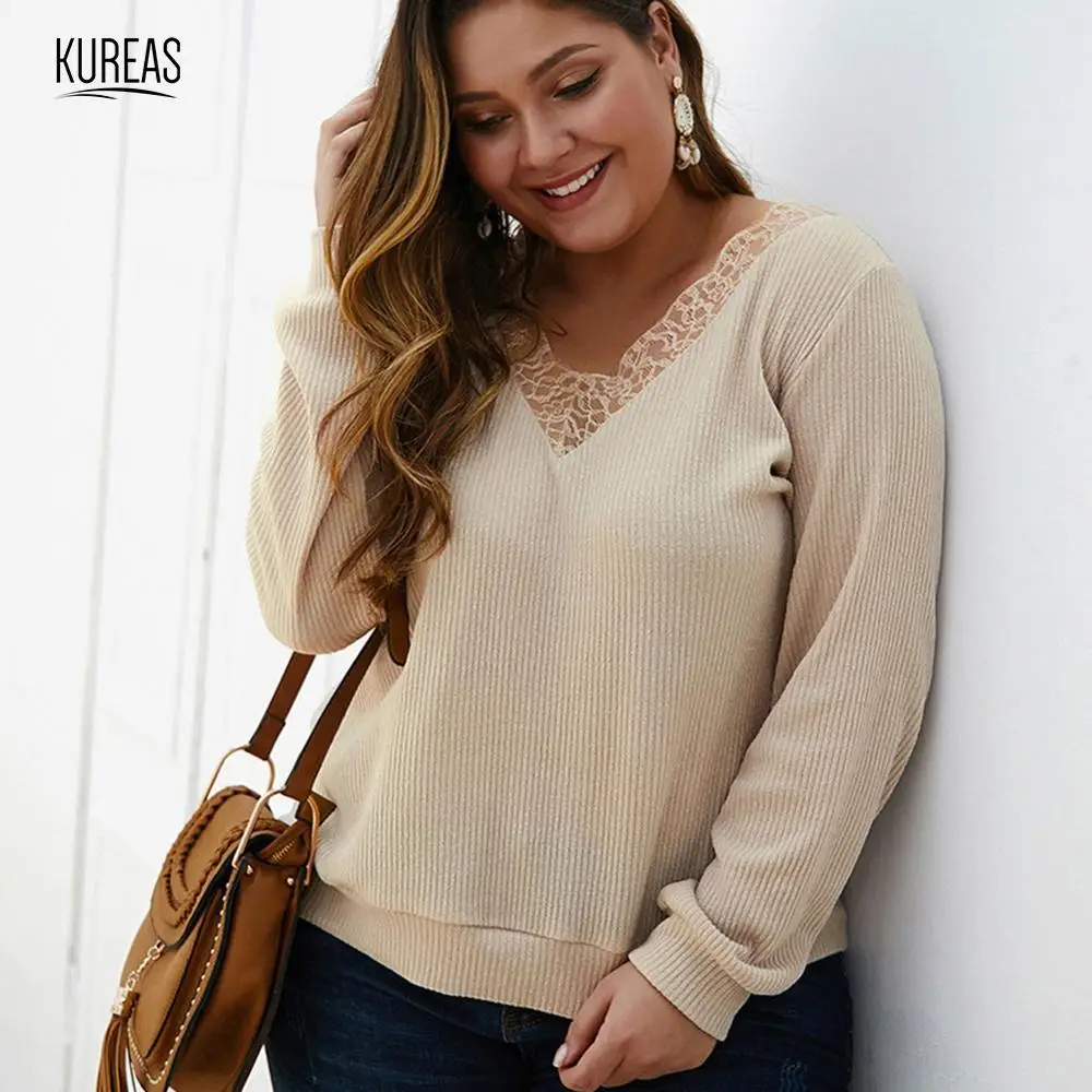 

Kureas Women Sweater Oversize Winter Autumn Knitted Plus Size Pullover Jumpers Casual Lace V Neck Long Sleeve Knits