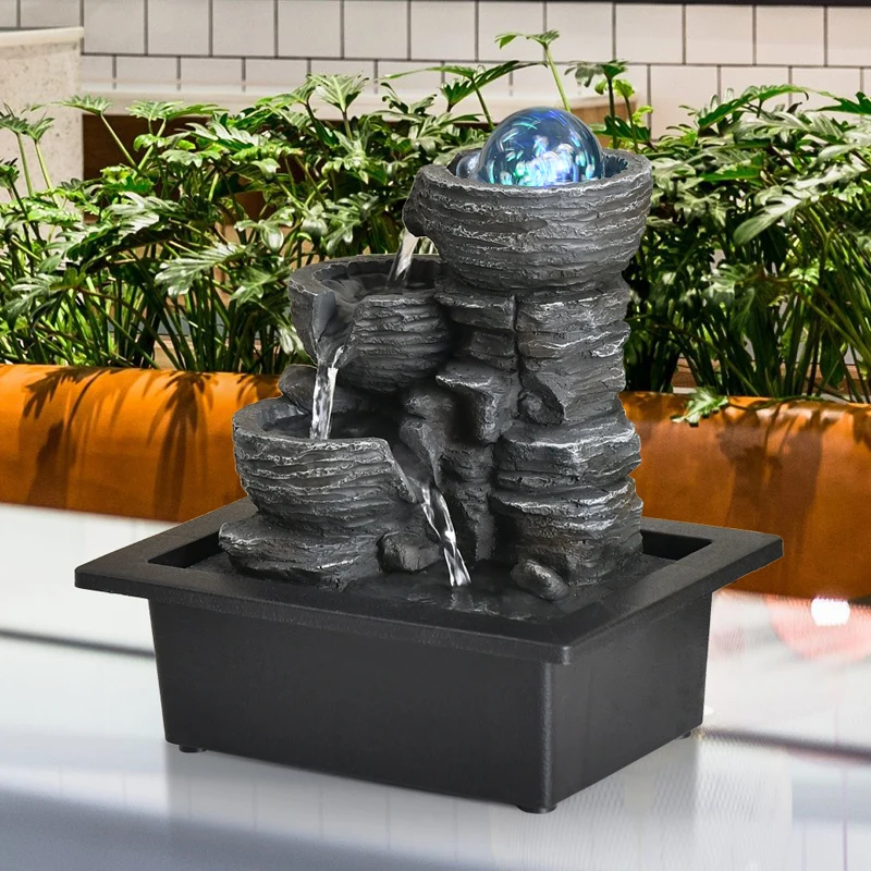 グレー 樹脂製 水の流れ LEDライト付き 鬱陶し 噴水 
