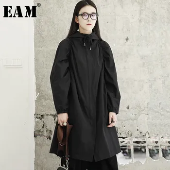

[EAM] Loose Fit Khaki Pleated Drawstring Big Size Jacket New Hooded Long Sleeve Women Coat Fashion Tide Spring 2020 LA929
