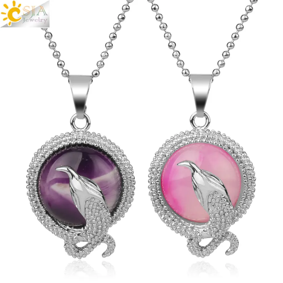 

CSJA Round Natural Stone Pendant Necklace Animal Snake Pink Crystal Energy Reiki Amulet for Female Men Fashion Jewelry Gift G172