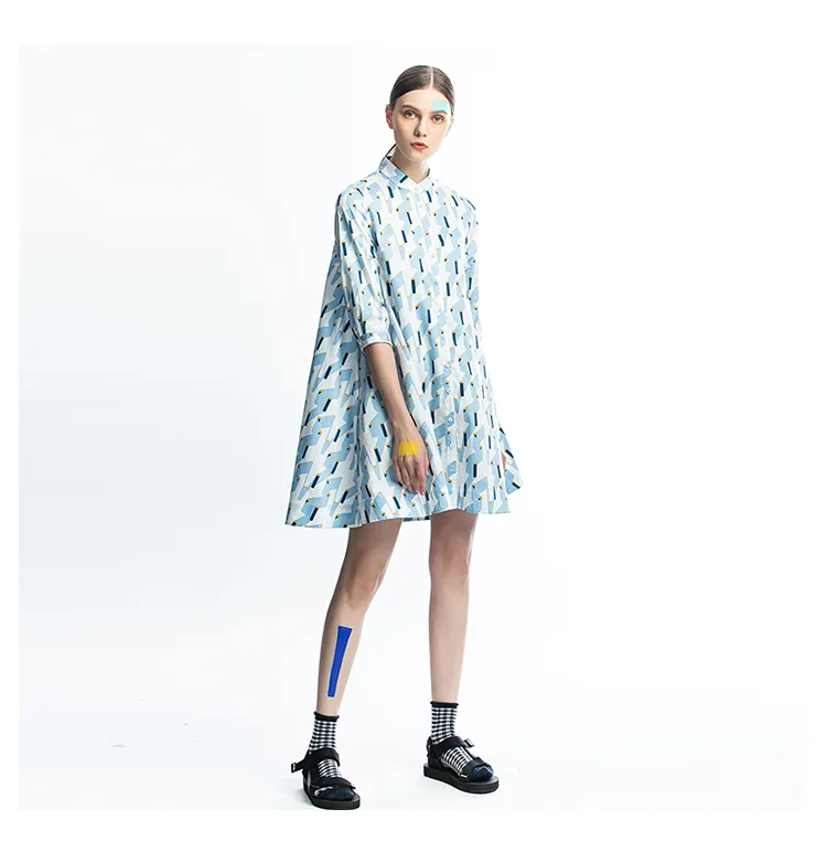 IRINAFC26 FW Collection women clothing stand collar three quarter sleeve long shirt dress