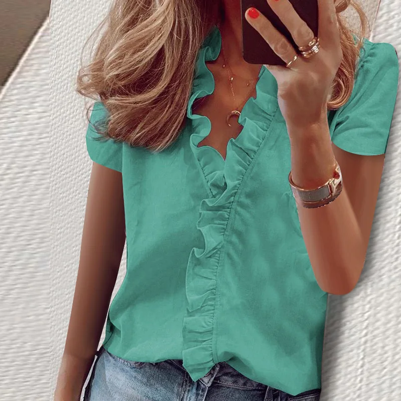 Summer Tops Ladies Blouse Short Sleeves Office Lady Women's Clothing V Neck Solid New Fashion Ruffles Casual Print Female Shirt