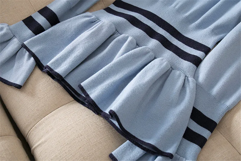 Модный осенне-зимний комплект юбки и свитера для женщин, новинка, дизайнерский трикотажный топ с расклешенными рукавами и юбка, комплект одинакового комплекта, повседневный комплект-двойка