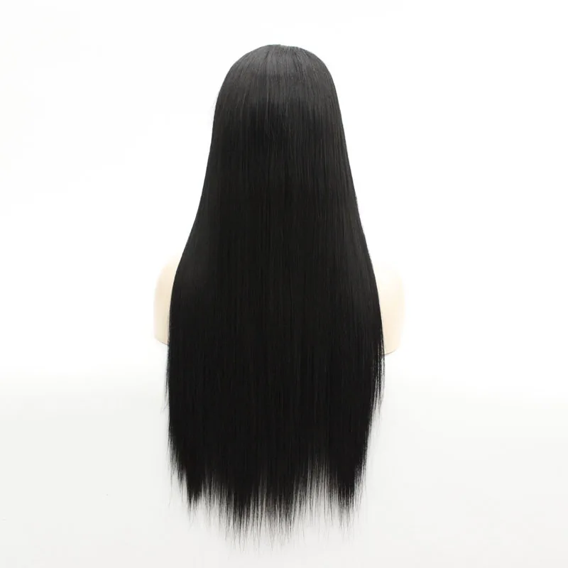 60 см 2" парик фронта шнурка натуральный черный длинный прямой синтетический полный парик Средняя часть для женщин косплей костюм вечерние