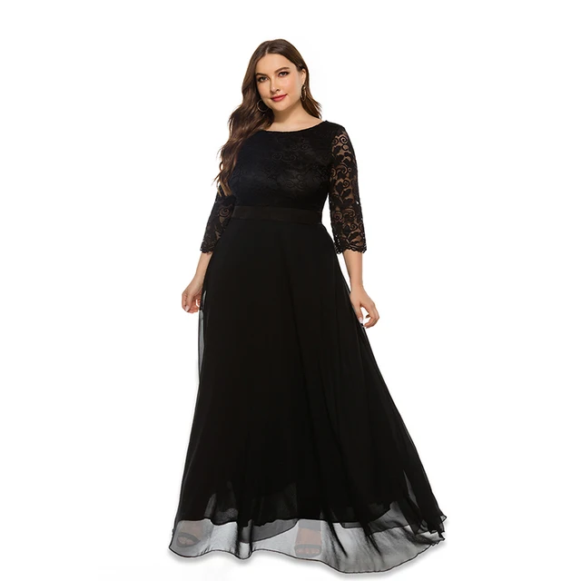 Dresses For Women 2021 Elegant  Dress  Plus Size Hollow Lace Chiffon Stitching Round Neck Three-Quarter Sleeves High Waist Dress Black Dress