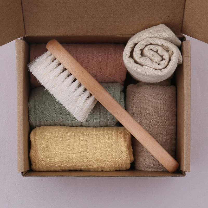 6pcs Baby Saliva Towel Newborn Bath Toy Set Gifts Box Cotton Burp Cloth  Wooden Hair Brush Infant Comb Head Massager - Towels - AliExpress