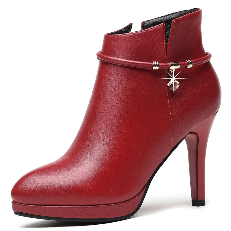 Botas para mujer de tacón alto y fino rojo y negro, botines sexys de piel auténtica con cremallera y punta estrecha, para invierno, I0033