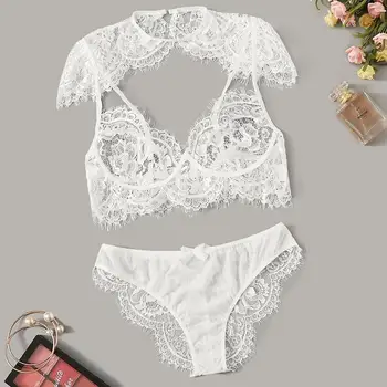

Lingerie Women Wireless Bra Lace Underwear Pajamas Lingerie Set Hollow Out Bow Thong Underwear Brief Sets Lenceria