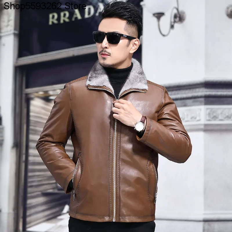 

Genuine Leather Leather Coat Male Winter Plus Velvet Thicken Leather Jacket Goat Skin Mink Liner Middle Age Leisure Leather Coat