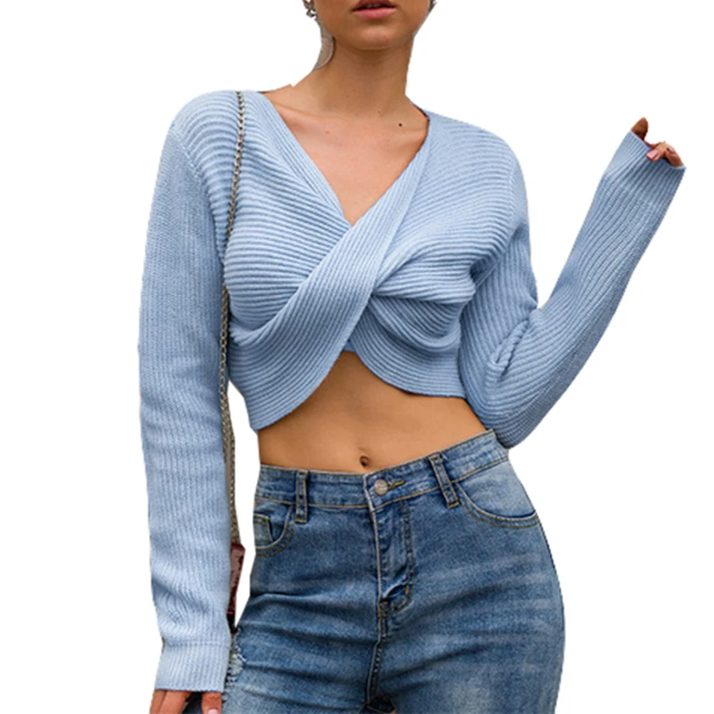 

Streetwear 2019 Winter Autumn Sweaters Sexy Lady Crop Tops Criss Cross Knot V-neck White Pullovers Sweater Women Clothes GV765