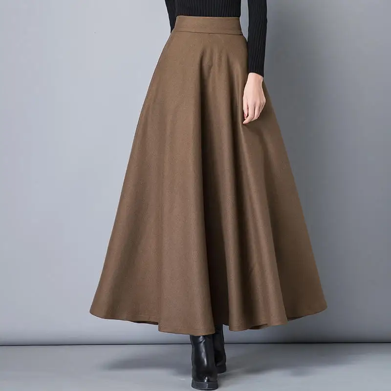 Light khaki Skirt Винтажные шерстяные юбки с высокой талией, женские теплые плотные осенне-зимние длинные юбки, женские элегантные однотонные юбки трапециевидной формы большого размера Q1916 - Цвет: Light khaki Skirt