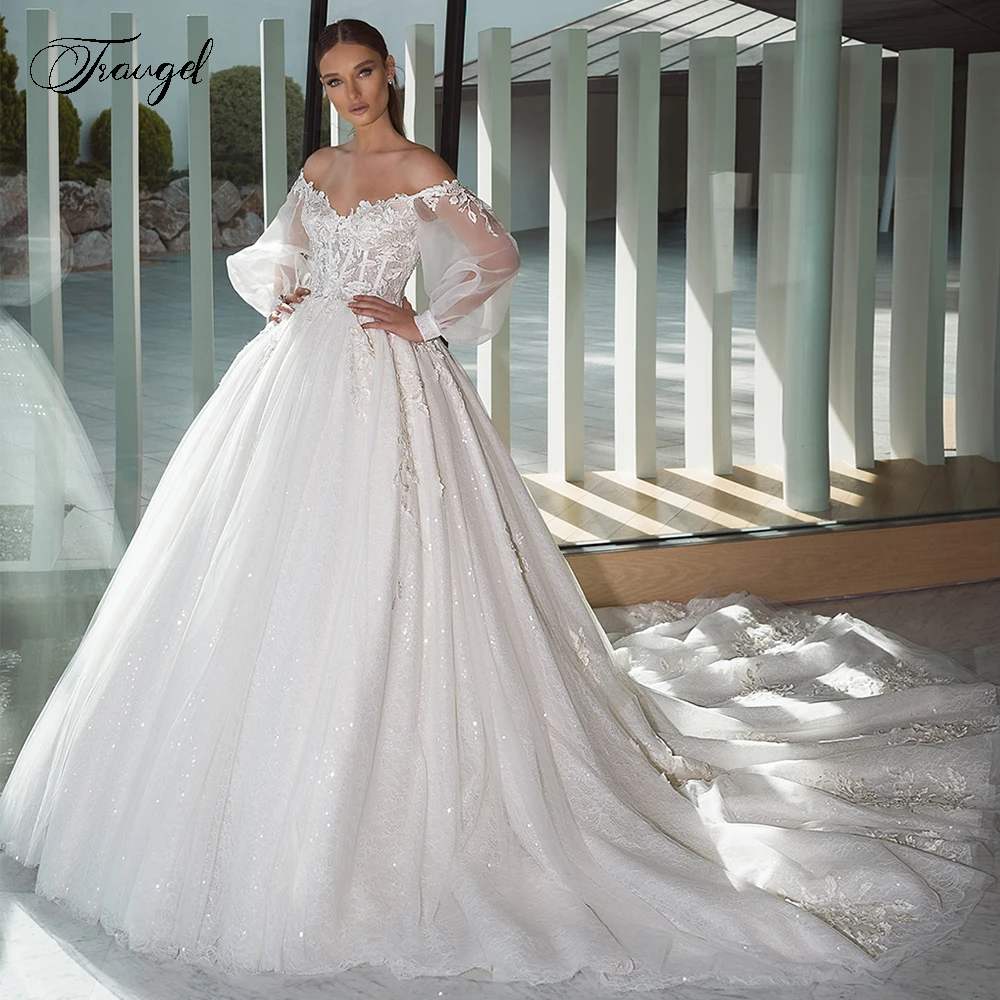 

Traugel V-Neck A Line Lace Wedding Dresses Shiny Elegant Applique Off The Shoulder Long Sleeve Backless Chapel Train Bride Dress