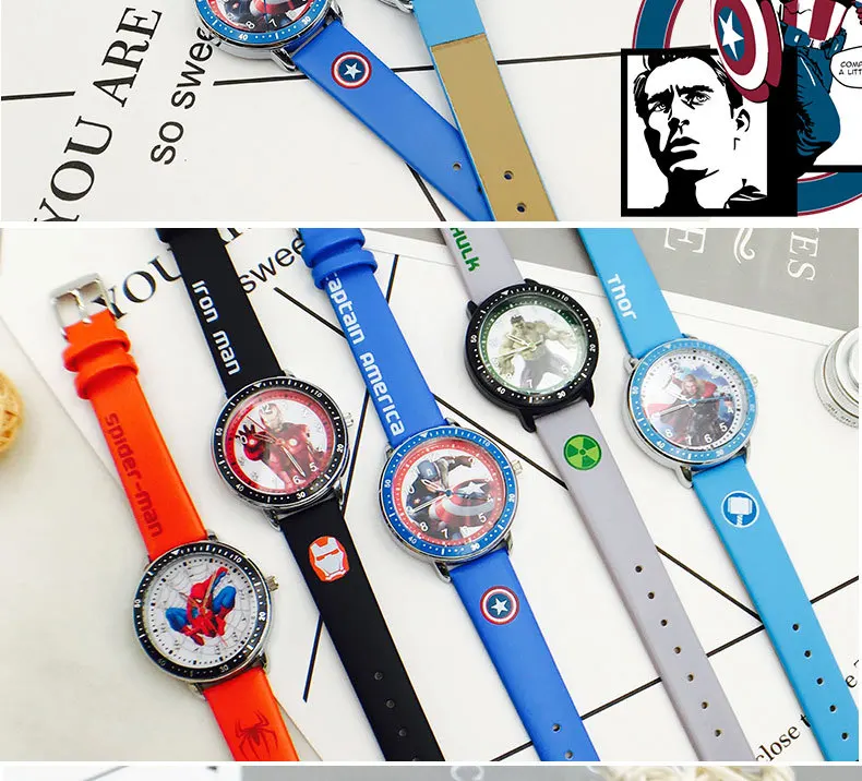 Часы с героями мультфильмов Marvel, Человек-паук, детские часы для студентов, кожаные кварцевые часы с капитаном Америкой, подарок на день рождения для мальчиков, детские часы