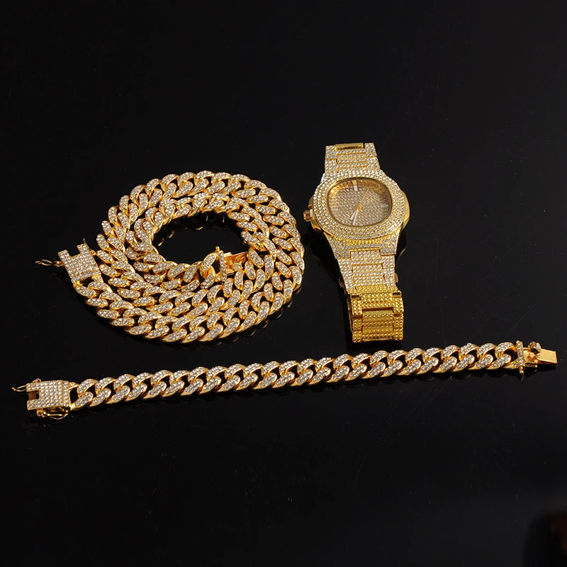 Серебряное ожерелье+ часы+ браслет в стиле хип-хоп, кантри, кубинская цепочка, золото, полностью покрытые льдом, проложили стразы, CZ Bling, для Мужчин, Ювелирные изделия - Окраска металла: watch Chain Bracelet