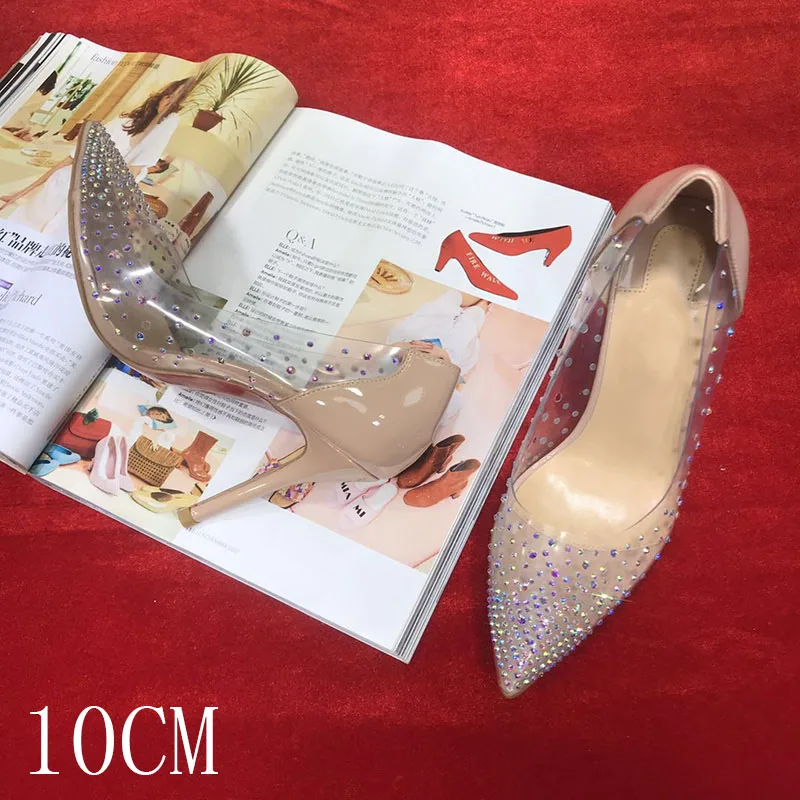 Прозрачные хрустальные стразы на высоком каблуке с красной подошвой; туфли-лодочки на шпильке серебристого и золотого цвета; свадебные туфли; женские прозрачные вечерние туфли; 12 см; 8 см - Цвет: Nude 10CM