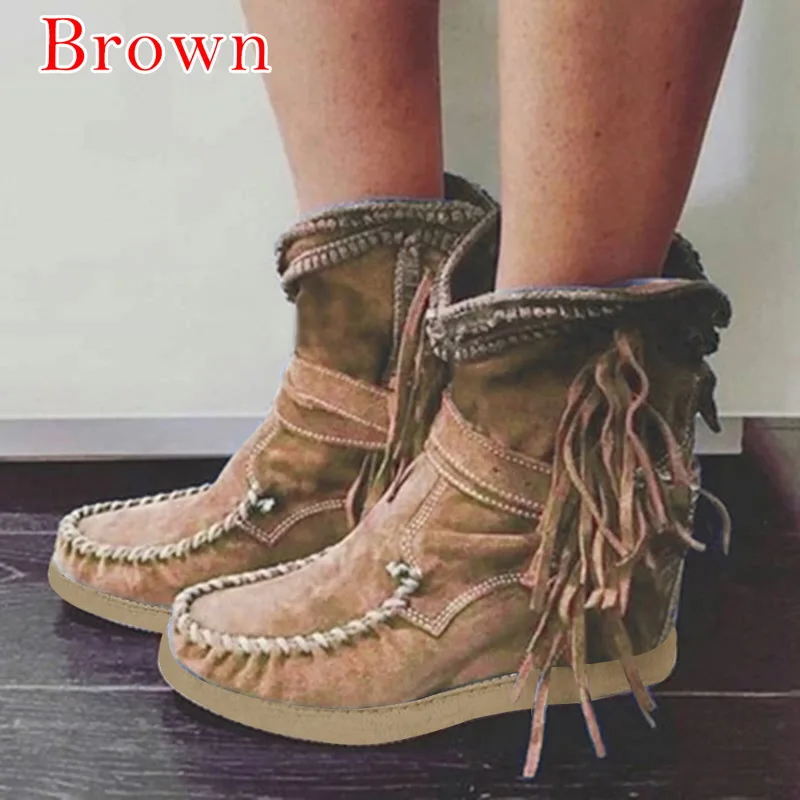 CYSINCOS Autumn Boots Women Ankle Boots Shoes Short Tube Frosted Tassel Boot Slip On Flat Women's Shoes Tassels Booties - Цвет: Brown