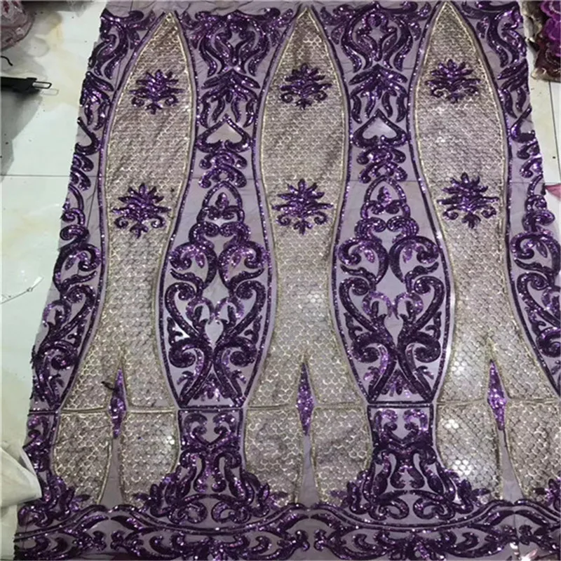 

Latest African Sequins Lace Fabric purple Sequined Evening Party Dresses Material Indian Tissu Golden Mesh Tulle Net Laces