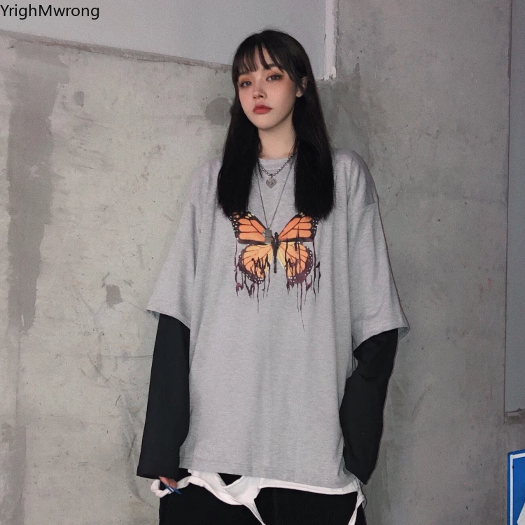 

Cute Graphic Butterfly Print Solid Contrast Long Sleeve Loose T Shirt Tee T-Shirt Top Harajuku Streetwear Korean Women Pullovers