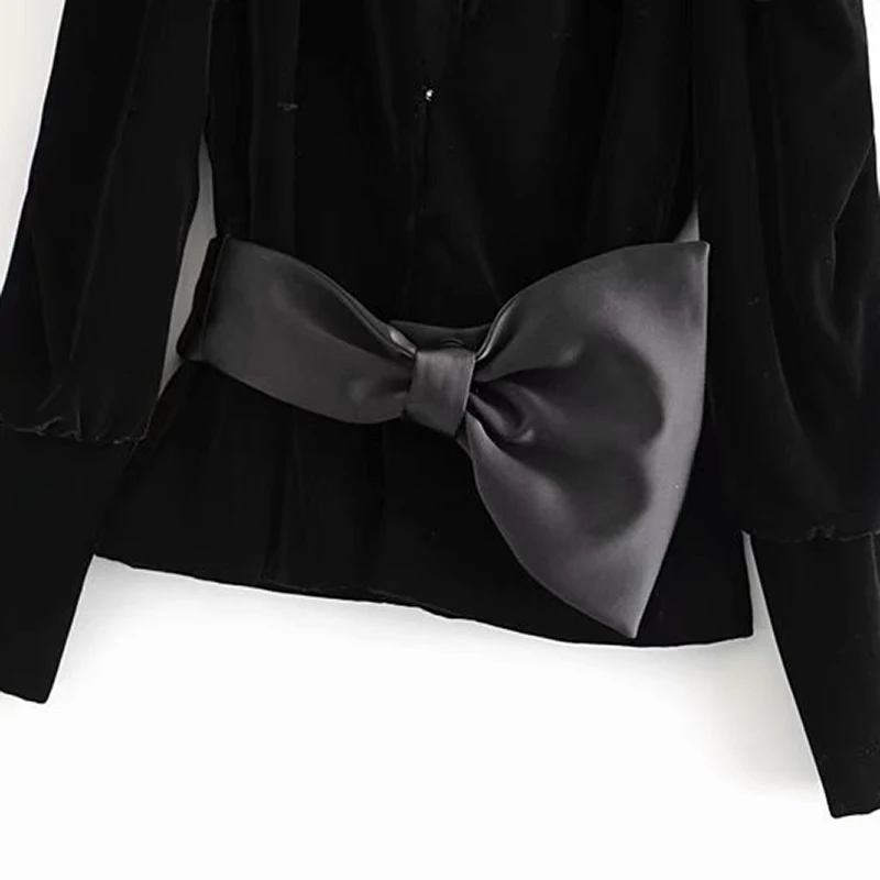 remarkable  Women Velvet Jacket Elegant Lady Deep V Neck Big Bow Sashes Long Puff Sleeve Coat Winter Chic Femal