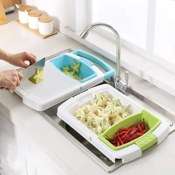 

Multi-Functional Over Sink Cutting Board Fruit and Vegetable Sorting Storage 3 in 1 Removable Chop Block Extendable Handles