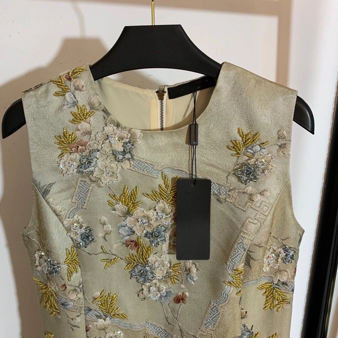 Summer Plus Size XL Dress Women Vintage Style Champagne Embroidery Dress High Quality O Neck Diamonds Sleeveless Dress