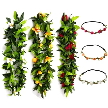 

6 PCS Hawaiian Leis Flowers Necklace Headbands Tropical Luau Hawaii for Party Supplies, Beach Party Decorations, Wedding, Birthd