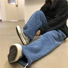 Fernan Lambswool Thick Warm Womens Pants Drawstring Sweatpants Oversize Harajuku Winter Y2k Pants Fashion Blue Casual Trousers