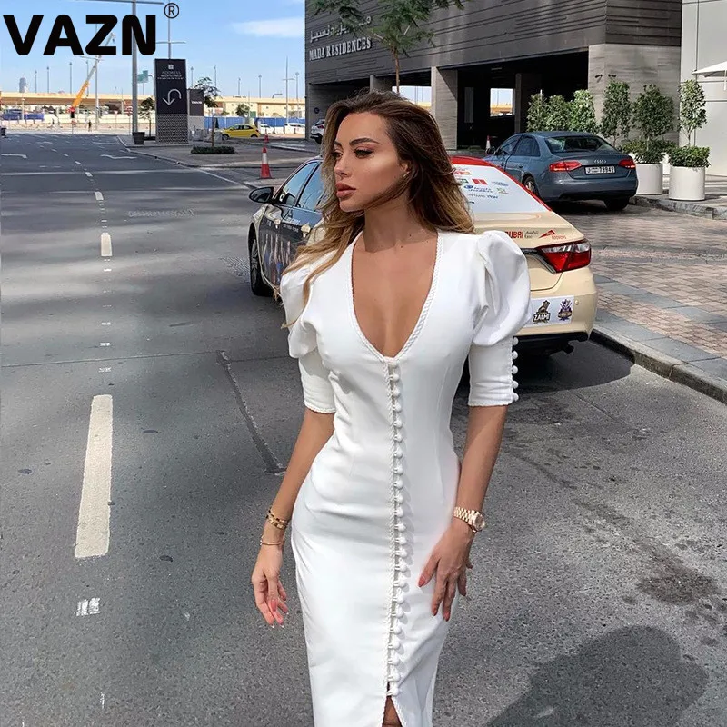 VAZN GFD18337 White Color Elegant Age Reduction V-neck Sexy Night Club Dress Short Sleeve dress Women Dress