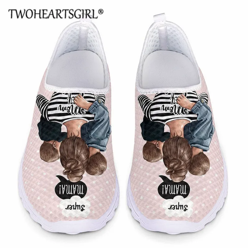 

Twoheartsgirl Super Mom Print Summer Women Breathable Mesh Shoes Cartoon Mama Baby Pattern Beach Loafers for Ladies Shoes