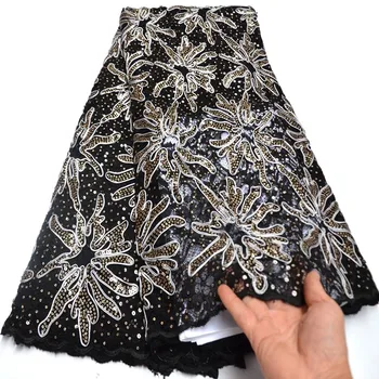 

5 yards Black Guipure Lace Latest Embroidered tulle mesh lace fabric with sequins High quality for party dress