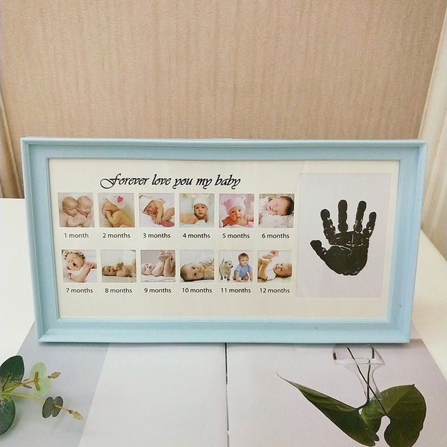 Baby Photo Frame 12 Month Growing Souvenir Photo Frame with Baby Handprint Footprint Ink Pad Imprint Baby Frame Souvenir