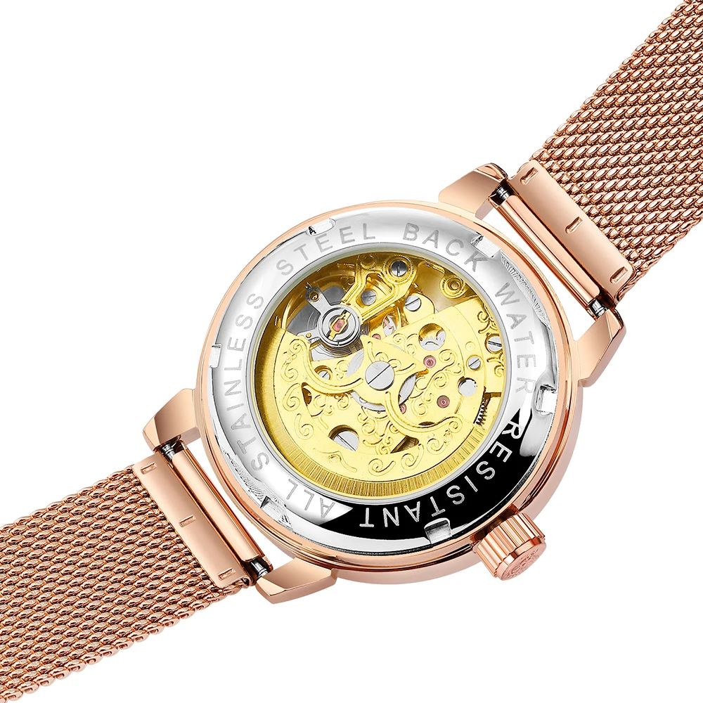 Классические роскошные женские механические часы из розового золота с сетчатым стальным ремешком, женские наручные часы от ведущего бренда, часы с браслетом, Relogio Feminino