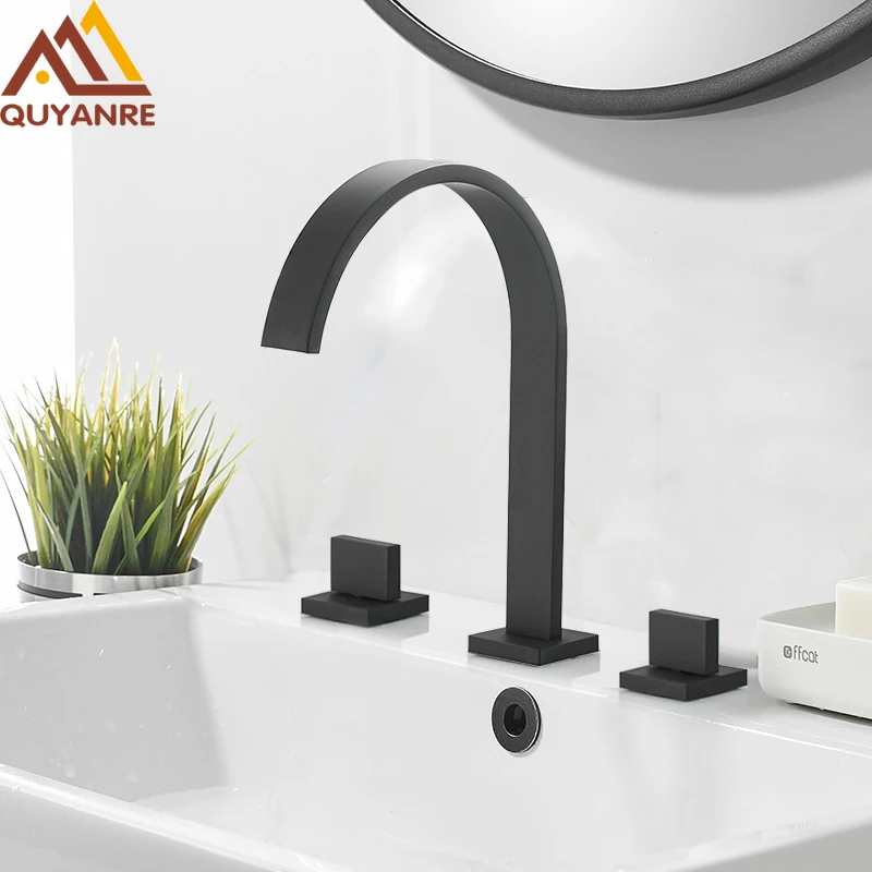 Quyanre Matte Black Basin Faucet Hot and Cold Water Three Holes Two Handles Mixer Tap Deck Mount Bathroom Sink | Обустройство дома