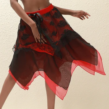 

Fashion Ladies Elastic Tutu Skirts Vintage Elegant Mesh Patchwork Skirt Summer Flower Embroidery Irregular Lace Up Skirts