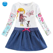 JUXINSU/платья с длинными рукавами для маленьких девочек модное осенне-зимнее хлопковое Повседневное платье с героями мультфильмов для маленьких девочек 1-8 лет