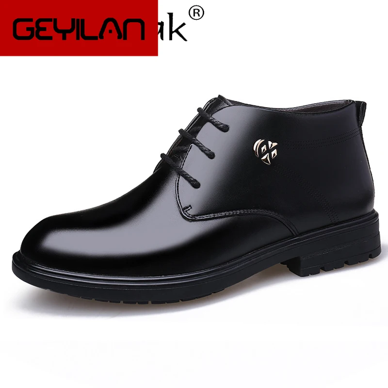 

Warm Leather Men's Boots Short Plush Ankle Lace Up Boots Men Soft Comfortable Buiness Casual Outdoor Boots Shoes Man