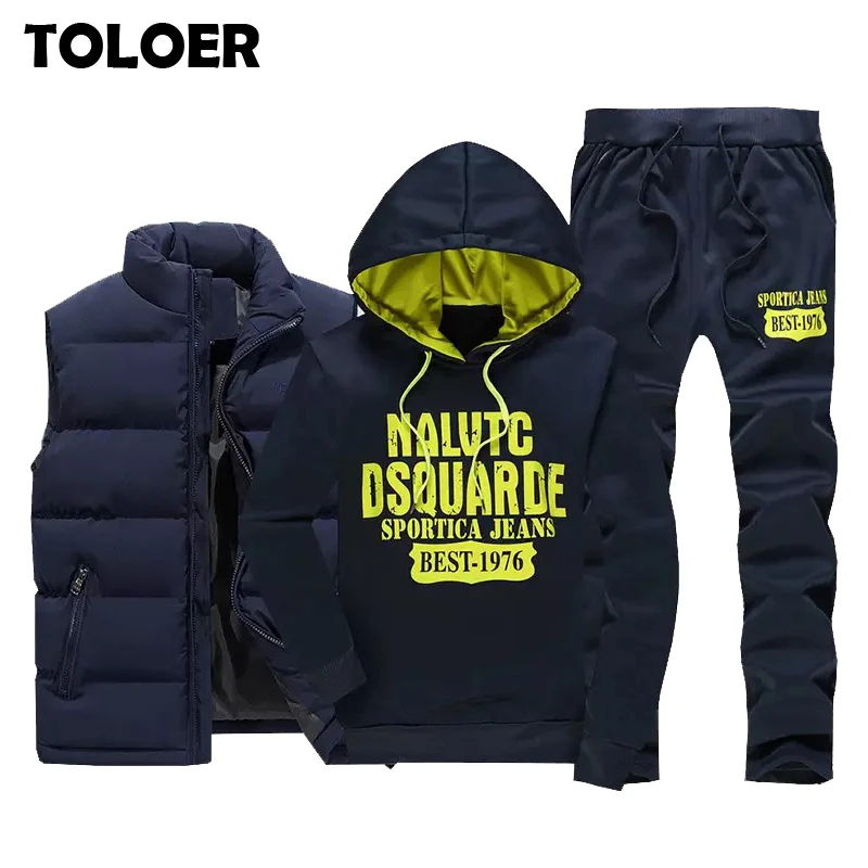 Zipper Vest Hoodies Coat Sportswear Track-Suit Sweatpants Fleece Warm 3pieces Winter