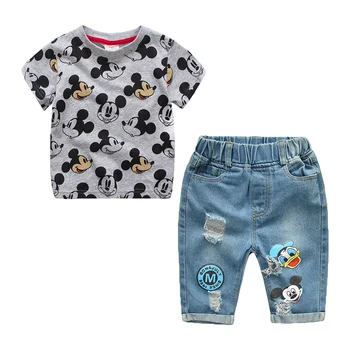 

Infant Boys Girls Summer Cartoon Mickey Striped T Shirt + Denim Shorts Clothes Sets Children Kids Hole Jeans Clothing
