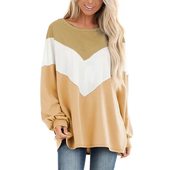 

2019 autumn and winter women long-sleeved shirt large piece color matching round neck bat shirt